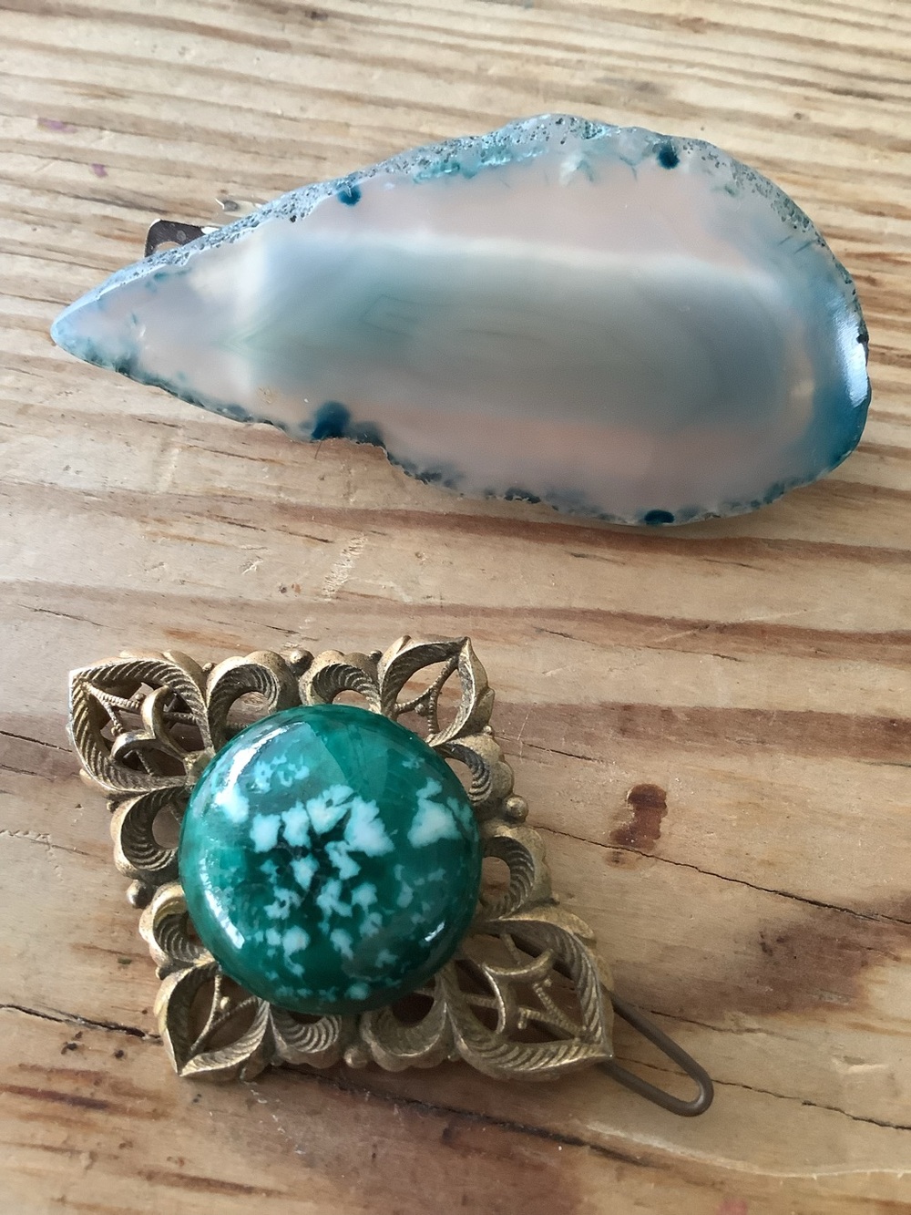 Vintage Green Stone Brass Hair Clip + Light Blue Agate Hair Clip